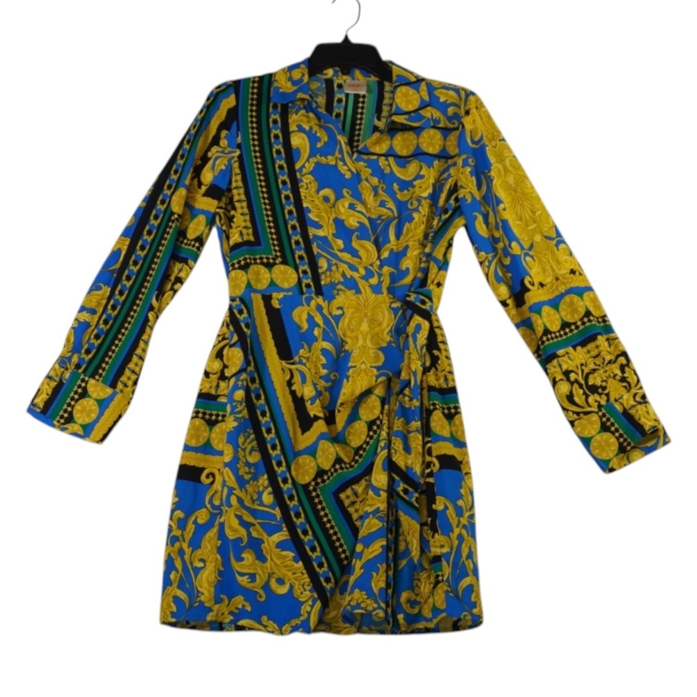 Intempo Faux Wrap Shirt Dress Womens Small Multicolor Baroque Collared Tie Waist